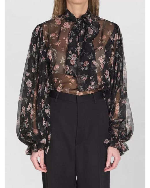 Dolce & Gabbana Black Silk Chiffon Top Vintage Rose Print