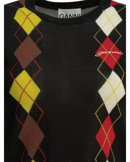 Ganni Black Argyle Knit Crewneck Short Sleeve Sweater