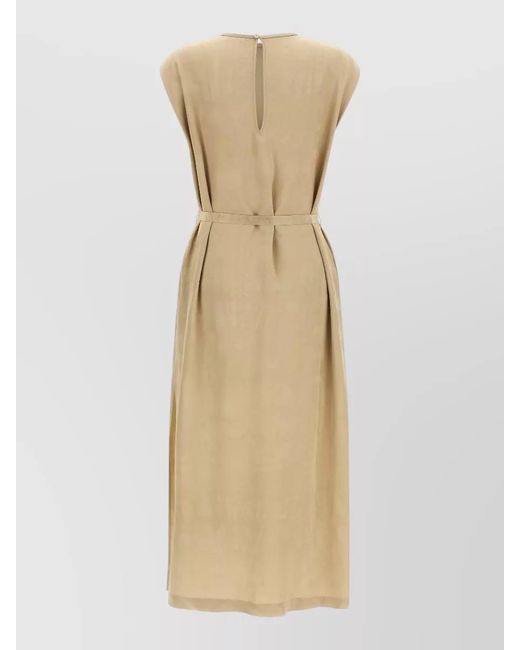 Peserico Natural Viscose Midi Dress Belted Waist Back Slit