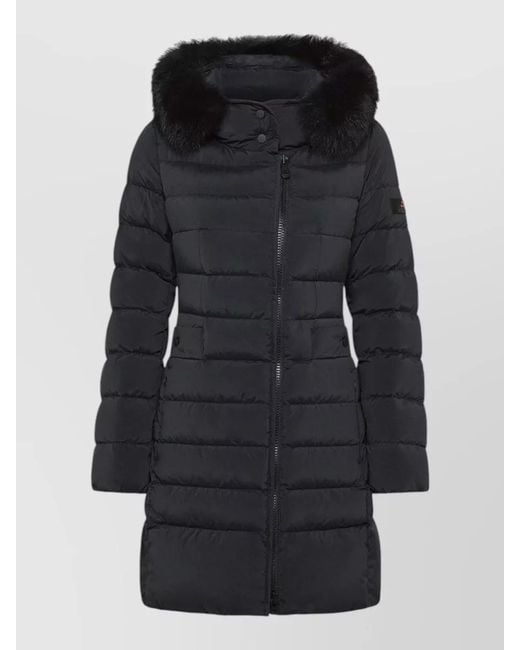 Peuterey Black Long Hooded Jacket Fur Trim Pockets