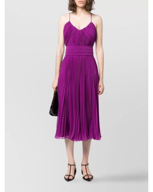 Max Mara Purple Pleated Belted V-Neck Midi Dress