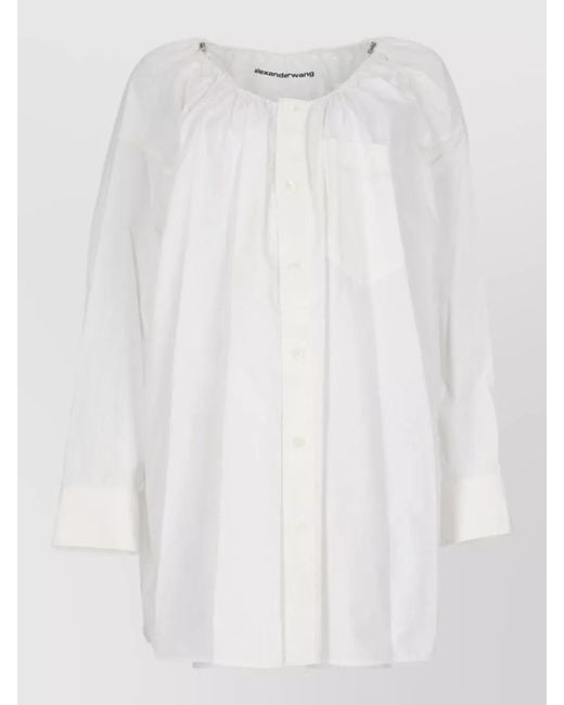 Alexander Wang White Top Long Sleeves Cuffed Gathered Neckline