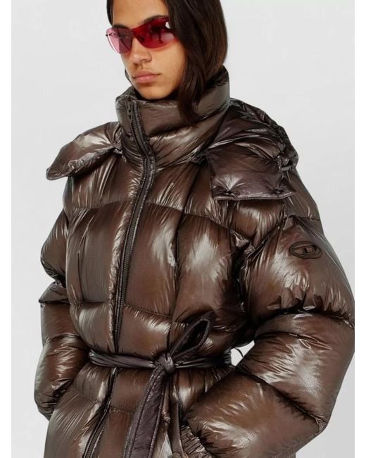 DIESEL Brown Long Down Puffer Coat Ultra Light Ripstop