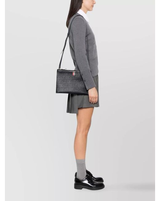 Thom Browne Blue Pebbled Leather Logo Print Shoulder Bag