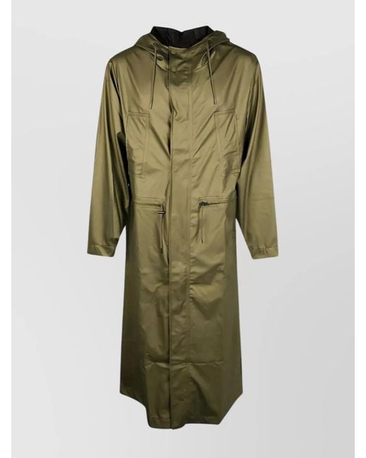 Rains Green Long Jacket Hood Drawstring Waist
