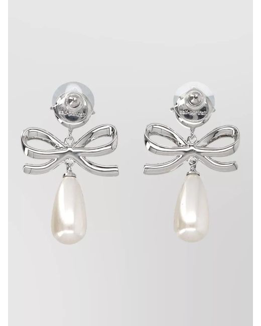 Self-Portrait Metallic Bow Motif Crystal Pearl Drop Earrings