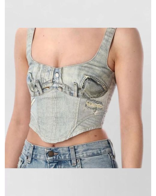 Haikure Blue Sleeveless Cropped Top Scoop Neck Trompe Loeil
