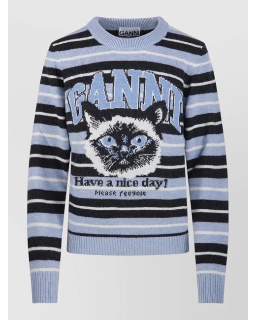 Ganni Blue Wool Graphic Jacquard Stripe Round Neck Long-Sleeve Jumper