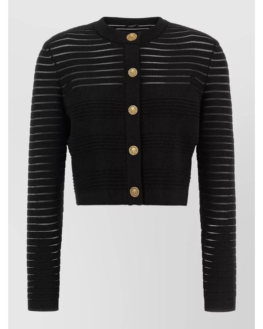 Balmain Black Semi-Sheer Striped Cropped Round-Neck Long-Sleeve Cardigan
