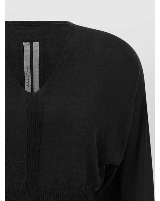 Rick Owens Black Cropped Knit Top Long Sleeves V Neckline