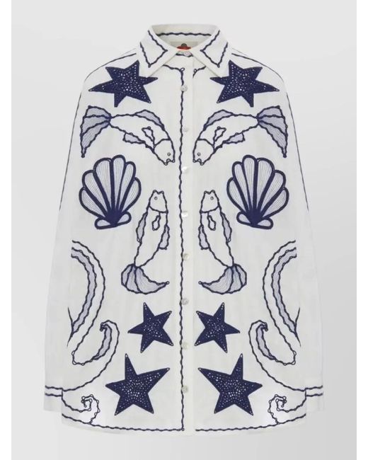Farm Rio Blue Fish Shell Star Embroidered Long Sleeve Shirt