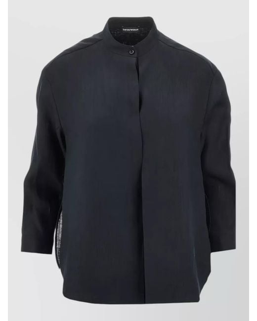 Emporio Armani Blue Linen Shirt Long Sleeves Embroidered Detail