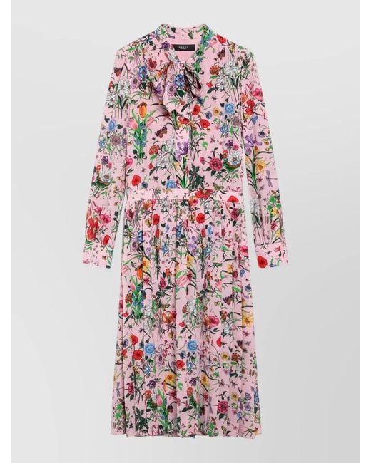 Gucci White Floral Print Dress Long Sleeves Pleated Skirt