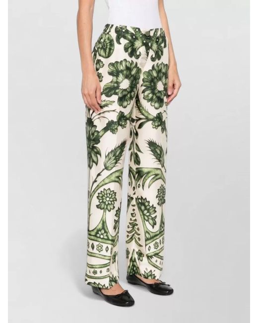 F.R.S For Restless Sleepers Green Silk Trousers High Waist Floral Pattern