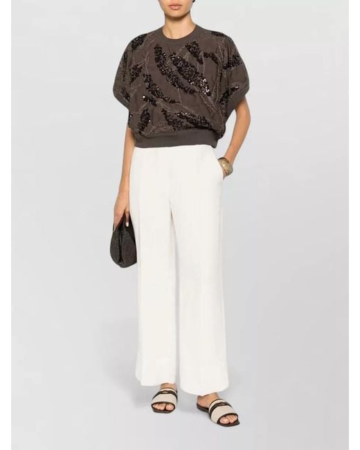 Brunello Cucinelli White Viscose Linen Cigarette Trousers Monili Detail