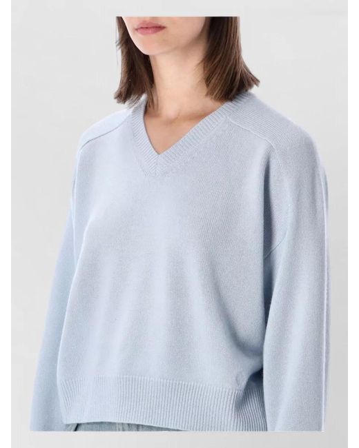 Loulou de Saison Blue V Neck Cropped Top Long Sleeves Ribbed Hem