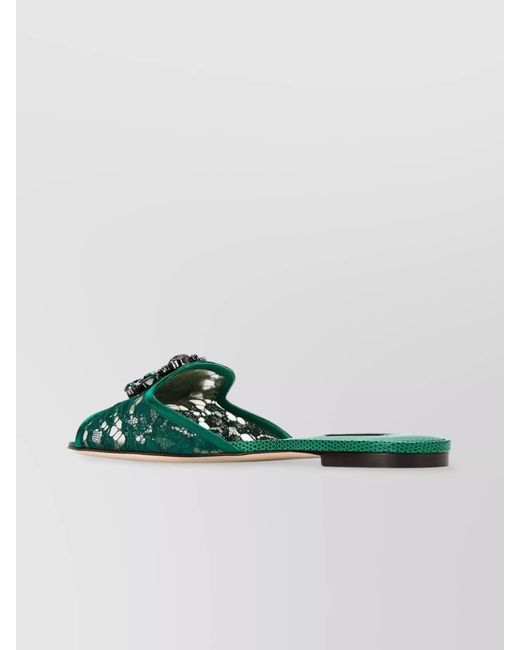 Dolce & Gabbana Green Crystal Embellished Lace Flat Sandals