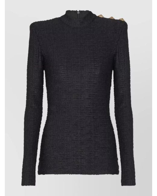 Balmain Blue Monogram Knit Top High Neck Buttons