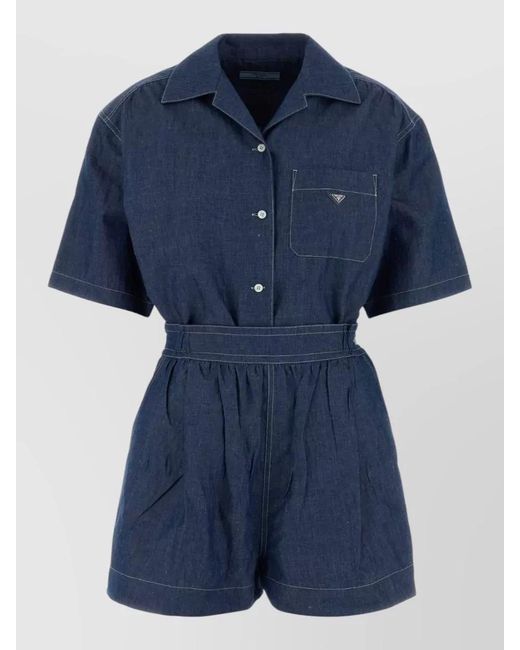 Prada Blue Chambray Jumpsuit Belted Waist Chest Pocket Short Sleeves