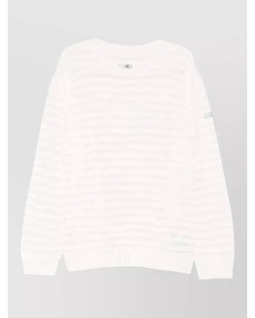 MM6 by Maison Margiela White Striped Cotton Knitted Logo Appliqué Crewneck Sweater for men