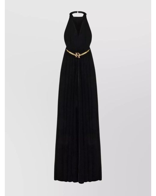 Elisabetta Franchi Black Velvet Hooded Deep V-Neck Backless Pleated Maxi Dress