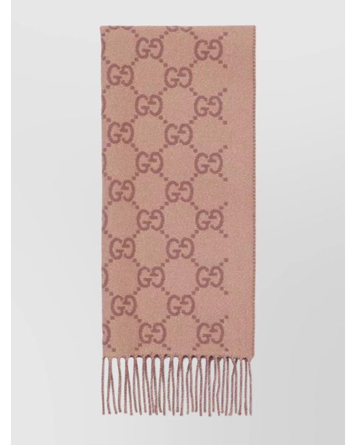 Gucci Pink Reversible Fringed Cashmere Shawl With Gg Pattern