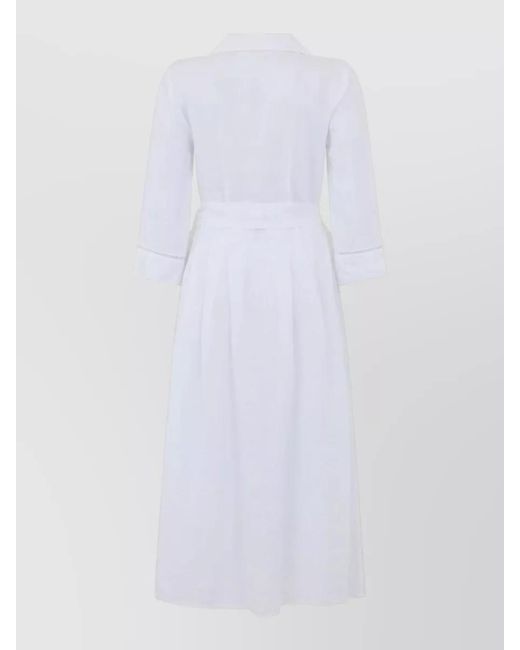 120% Lino White Linen Dress Belted Waist Pleated Skirt
