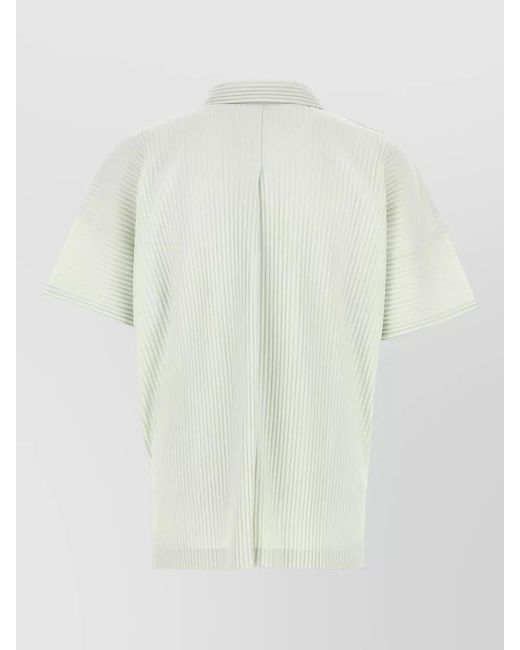 Homme Plissé Issey Miyake White Polyester Shirt Short Sleeves Vertical Stripes for men