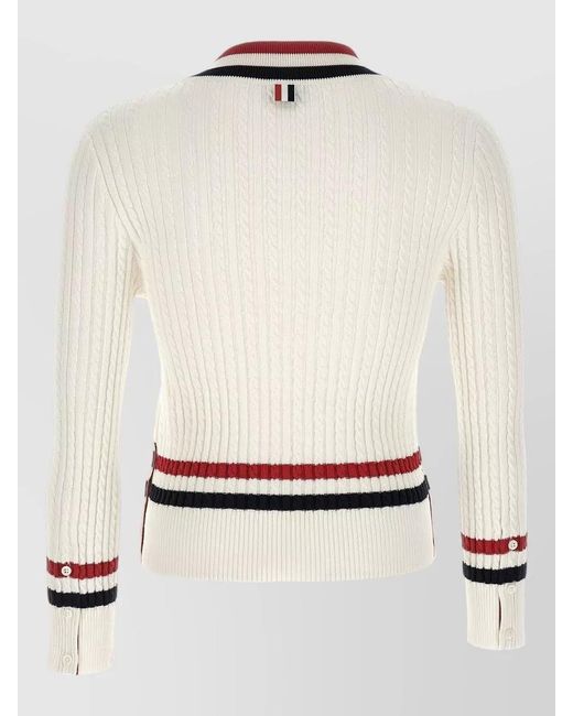 Thom Browne White Rwb Cable Knit Sweater Button Detail V Neck for men