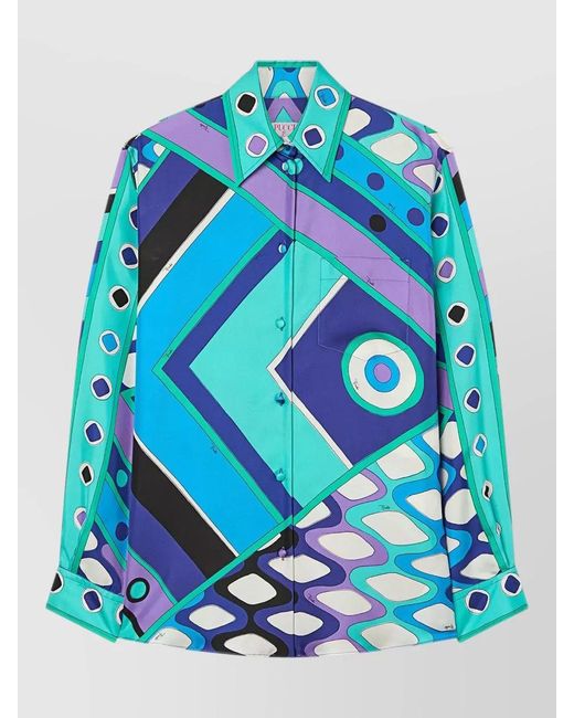 Emilio Pucci Blue Vivara Silk Shirt Geometric Pattern