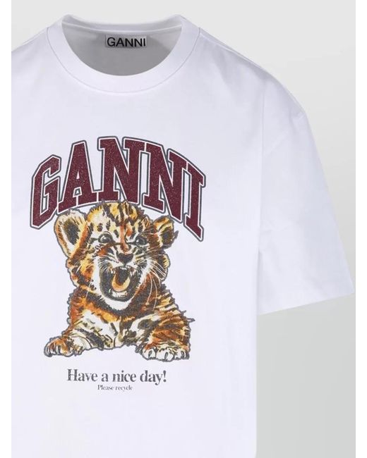 Ganni White Organic Cotton Beaded Graphic Short-Sleeve T-Shirt