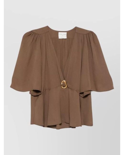 Forte_forte Brown V Neck Dress Cape Sleeves Pearls