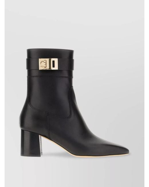 Ferragamo Black Leather Block Heel Ankle Boots With Buckle