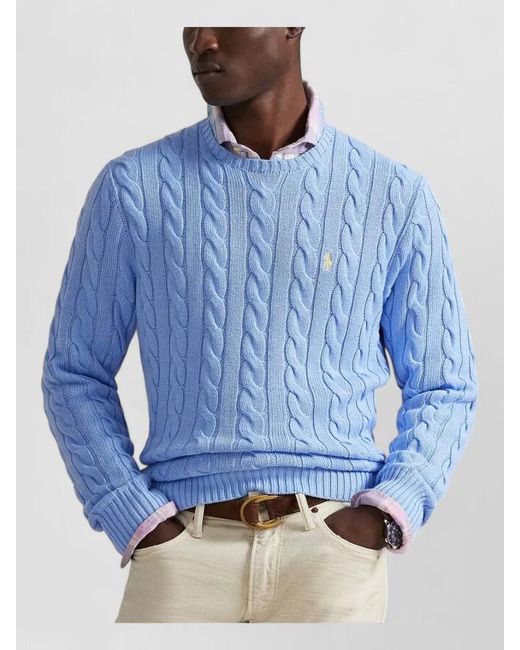 Ralph Lauren Blue Cable Knit Cotton Crewneck Sweater Long Sleeves for men
