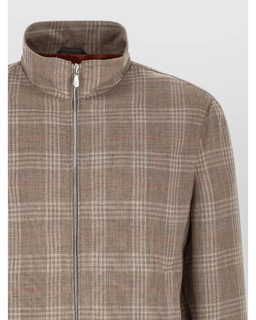 Brunello Cucinelli Brown Tartan Wool Silk Linen Stand Collar Jacket for men