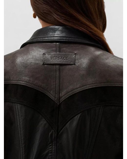 Versace Black Leather Jacket Cropped Contrast Panels Pockets