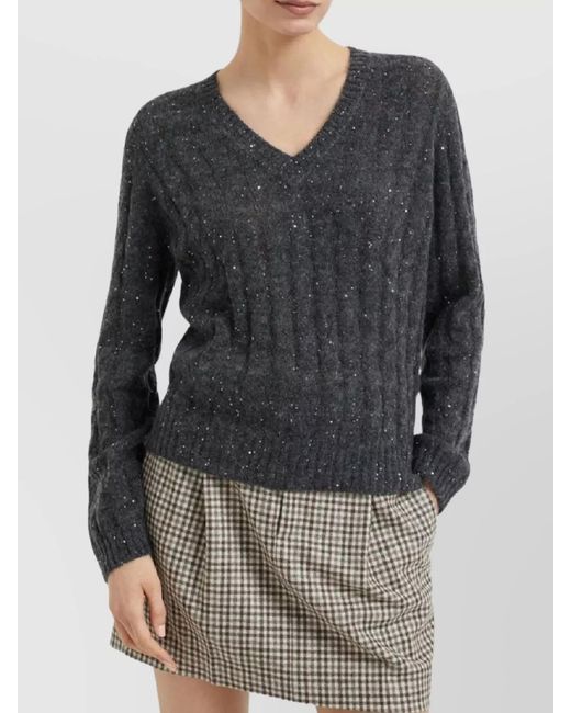 Brunello Cucinelli Blue Mohair Cable Knit V-Neck Sweater