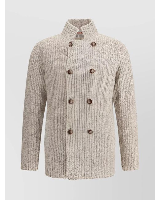 Brunello Cucinelli Natural Virgin Wool Ribbed Cardigan With Grooved Buttons for men