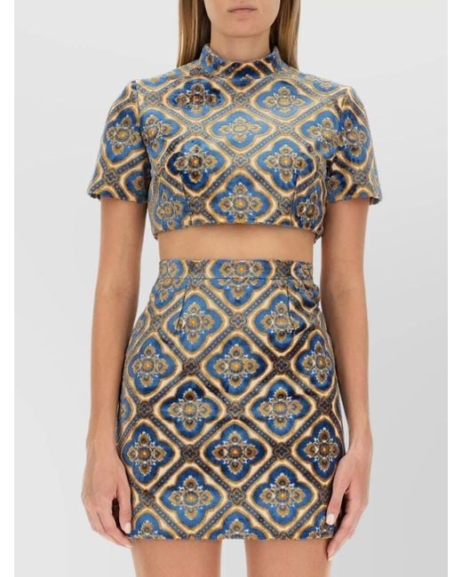 Etro Gray Velvet Abstract-Print Mock-Neck Cropped Top