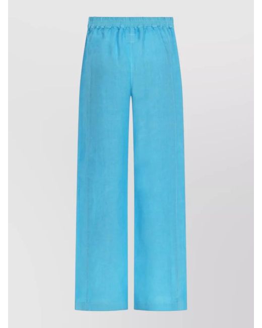 120% Lino Blue Linen Pants Wide Leg Seam Detailing
