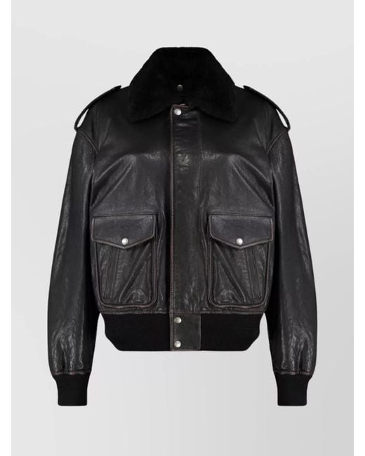 Saint Laurent Women's Black Bomber Jacket With Ribbed Edges And Shearling  Collar