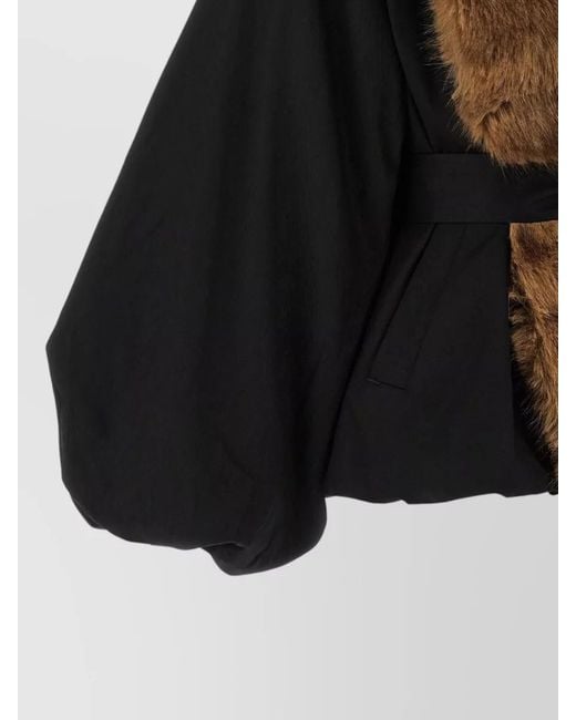 ROTATE BIRGER CHRISTENSEN Black Coat Balloon Sleeves Belted Waist Faux Fur Collar