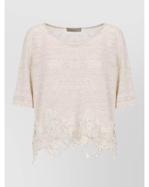 D.exterior White Crewneck Top Lace Hem Short Sleeves