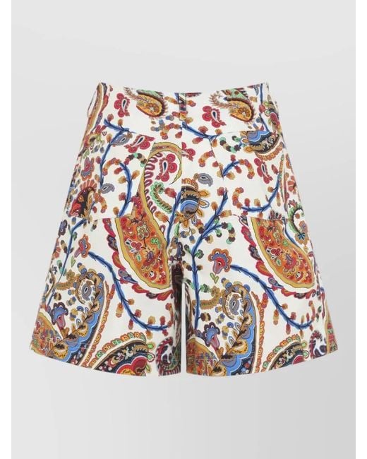 Etro White Paisley High Waist Pleated Wide Leg Shorts