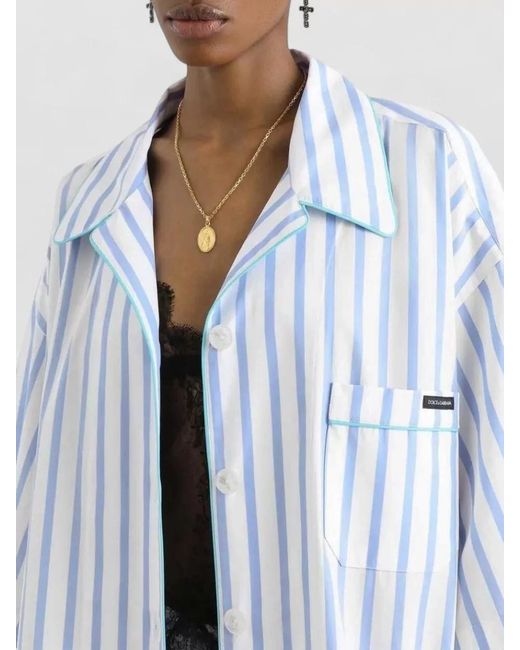 Dolce & Gabbana Blue Striped Short Sleeve Shirt Notch Lapels Pocket