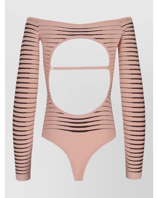 Elisabetta Franchi Red Off Shoulder Striped Long Sleeve Bodysuit