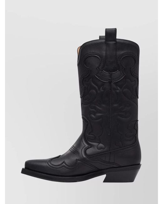 Ganni Black Embroidered Western Mid-Calf Boots