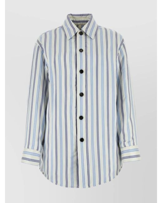 Bottega Veneta Blue Striped Embroidered Silk Oversized Padded Shirt for men