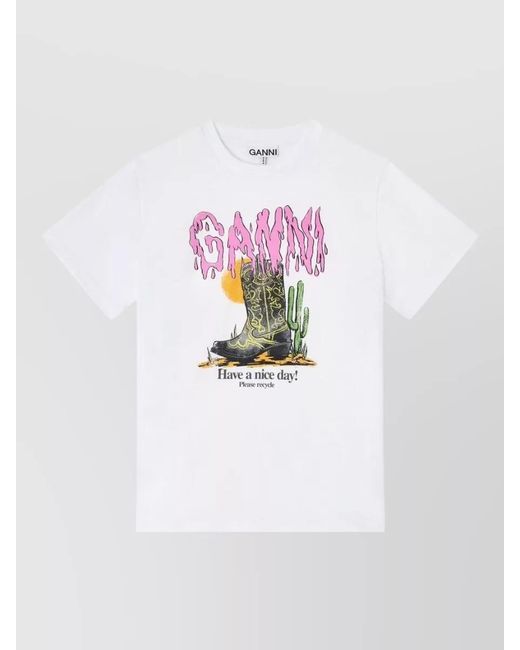 Ganni White Organic Cotton Graphic Print Short-Sleeve T-Shirt