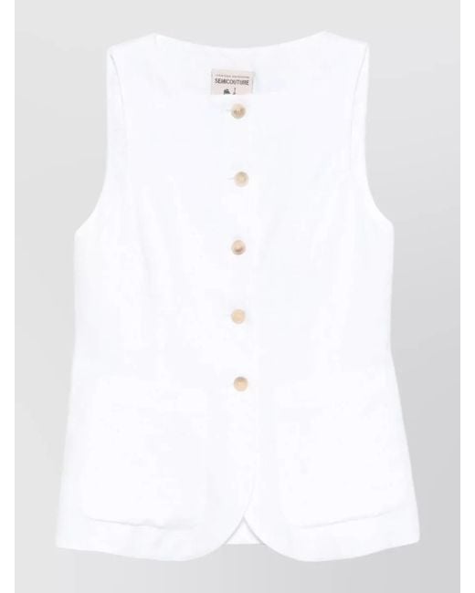 Semicouture White Glenna Linen Waistcoat Round Neck Sleeveless